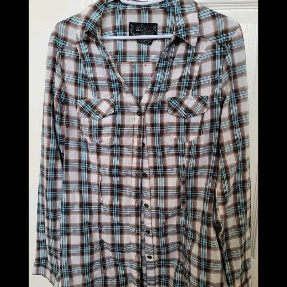 Womens Long Sleeve Brown, White, And Turquoise Blue Plaid Button Up Shirt In M